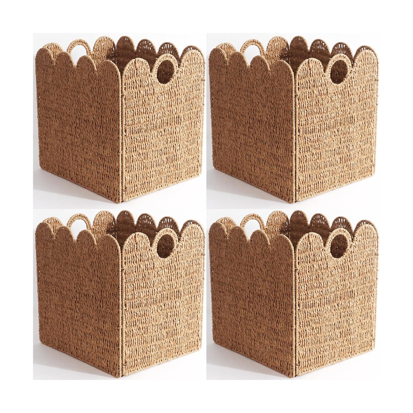 Scalloped Wicker Storage Cubes Basket / Light Brown / 10.5 x 10.5 x 10.5 / In&4-pack / Set of 4