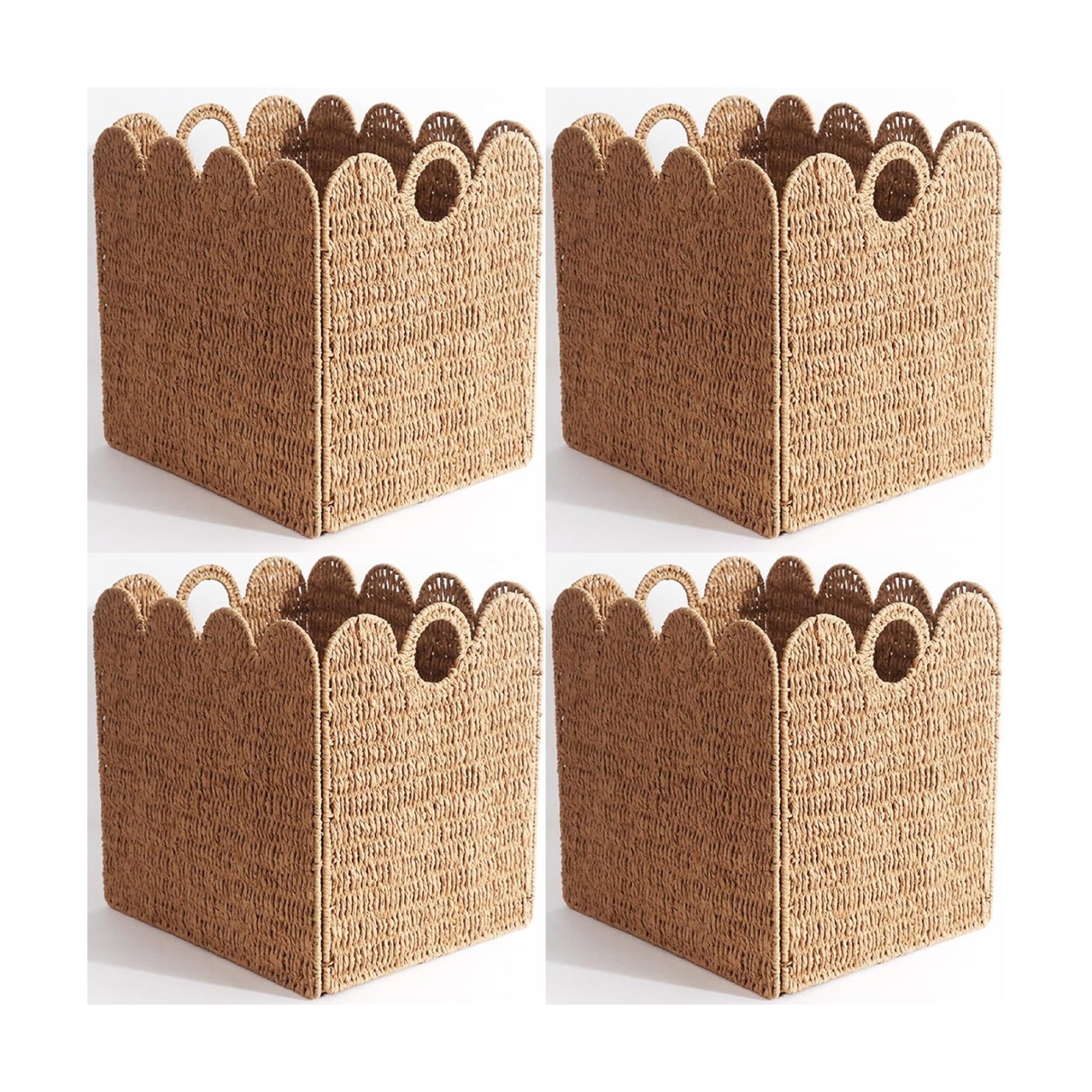 Scalloped Wicker Storage Cubes Basket / Light Brown / 10.5 x 10.5 x 10.5 / In&4-pack / Set of 4