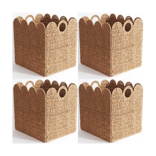 Scalloped Wicker Storage Cubes Basket / Light Brown / 10.5 x 10.5 x 10.5 / In&4-pack / Set of 4