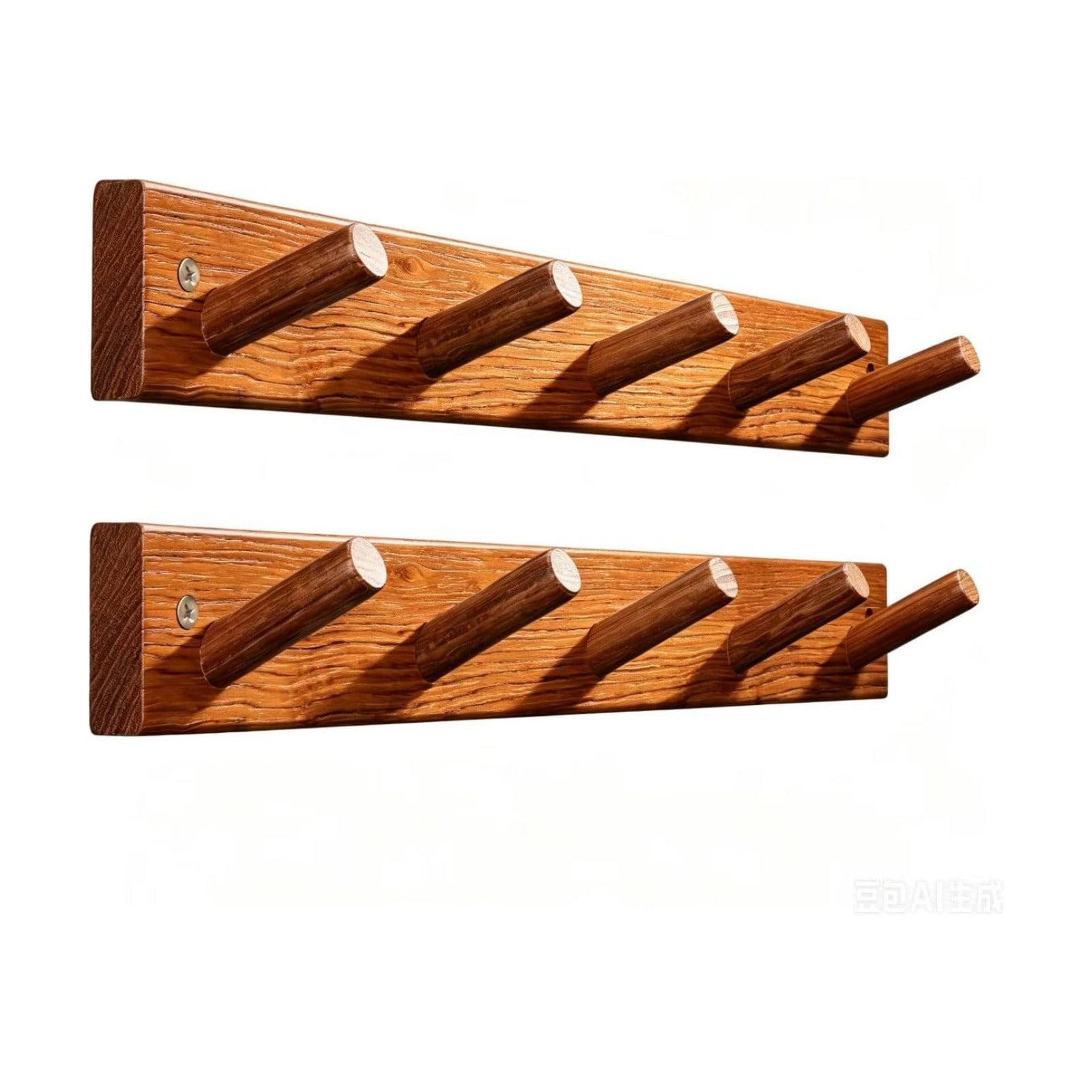 Natural Teak Wall-Mounted Coat Rack (Set of 2, 16'' Hole to Hole) - Farmhouse Entryway Hooks with 5 Wooden Hooks Each