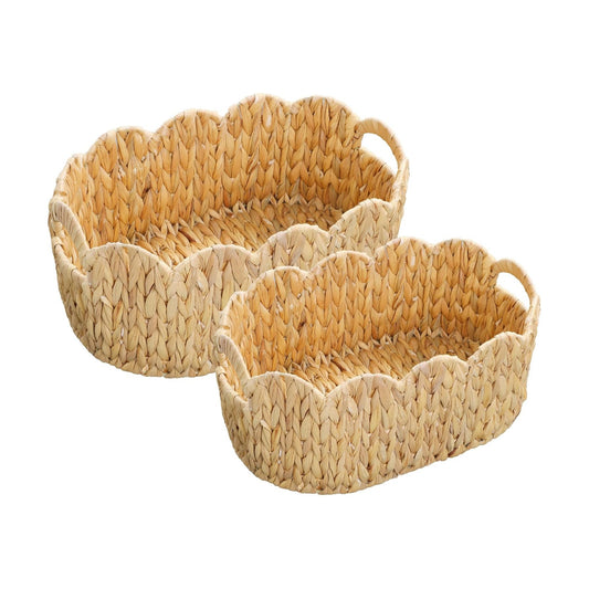 Scalloped Basket / Hand-Woven Wicker Storage Baskets / Oval / Set of 2