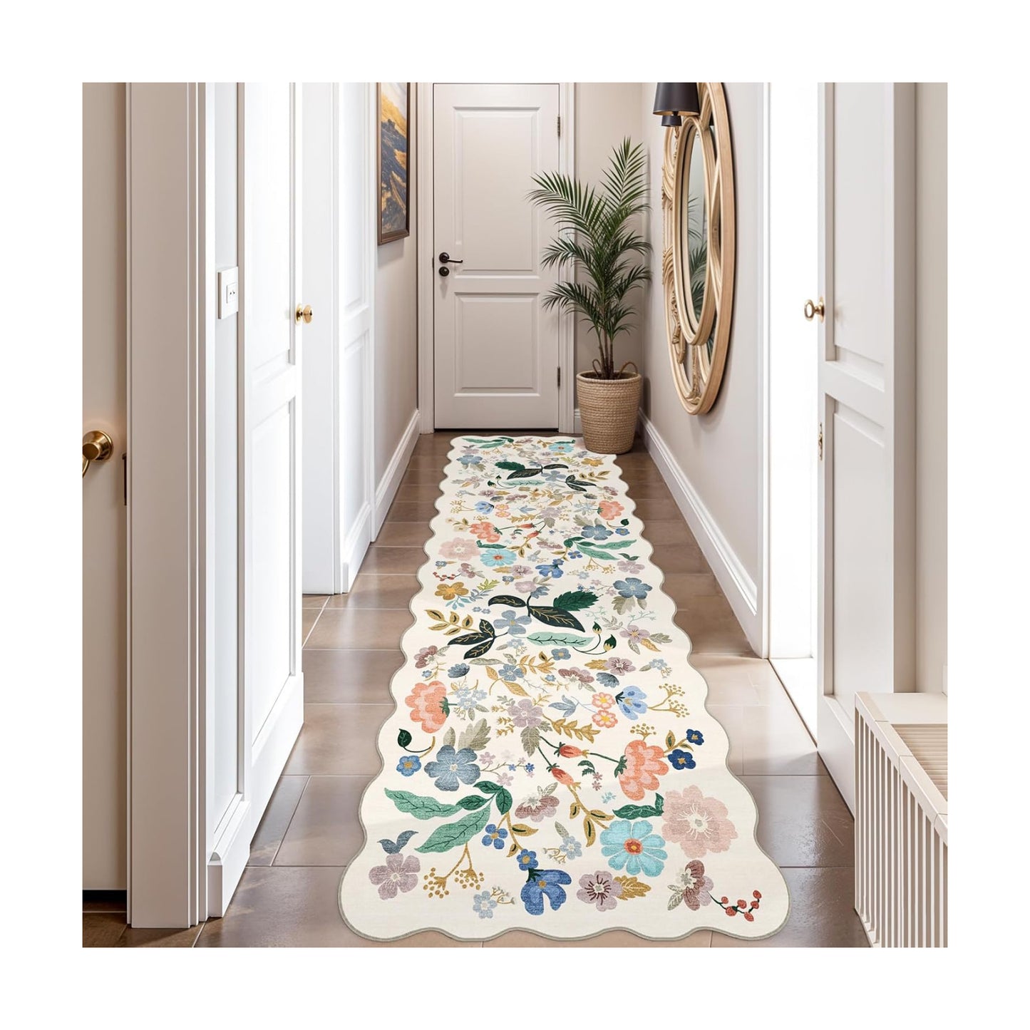 2x10 Washable Hallway Runner Rug: Long Floral Scalloped Soft Runners for Kitchen Entry Thin Non Slip Bathroom Nursery