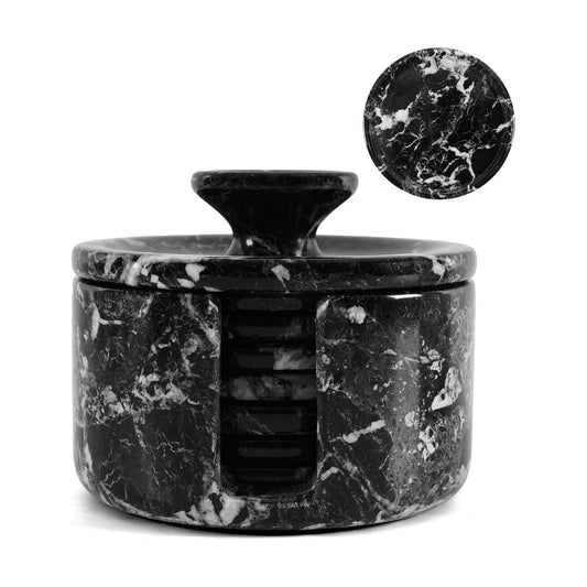 3.5" Round Black Coaster for Drinks Handmade Natural Stone Drink Coaster / Black Zebra / Set of 6
