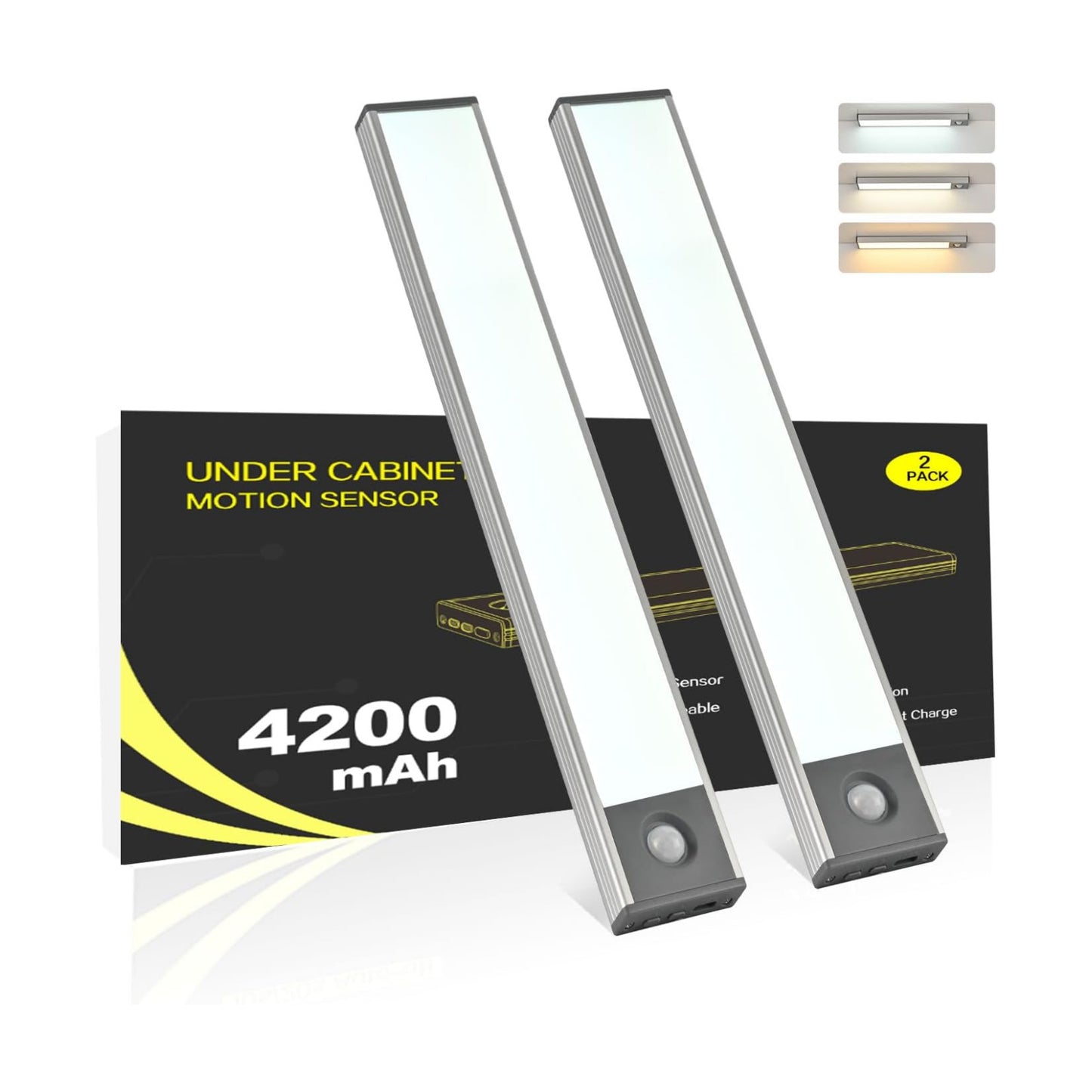 Under Cabinet Lighting, 4200mAh Motion Sensor Light, 3CCT, 2 Pack | 11 Inch USB-C Fast Charging, Battery Operated