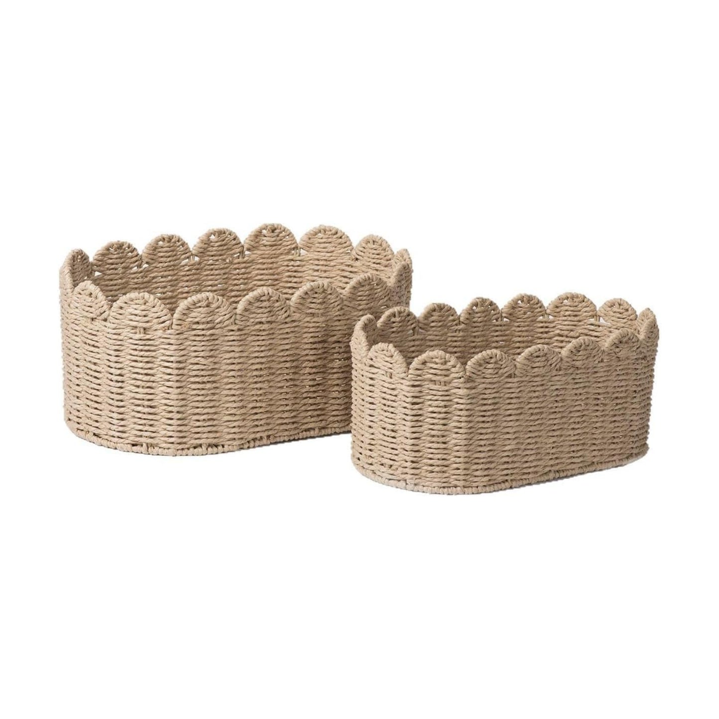 Scalloped Basket / Hand Woven Baskets / Ellipse-16"l x 10"W x 7"H / Natural / Set of 2