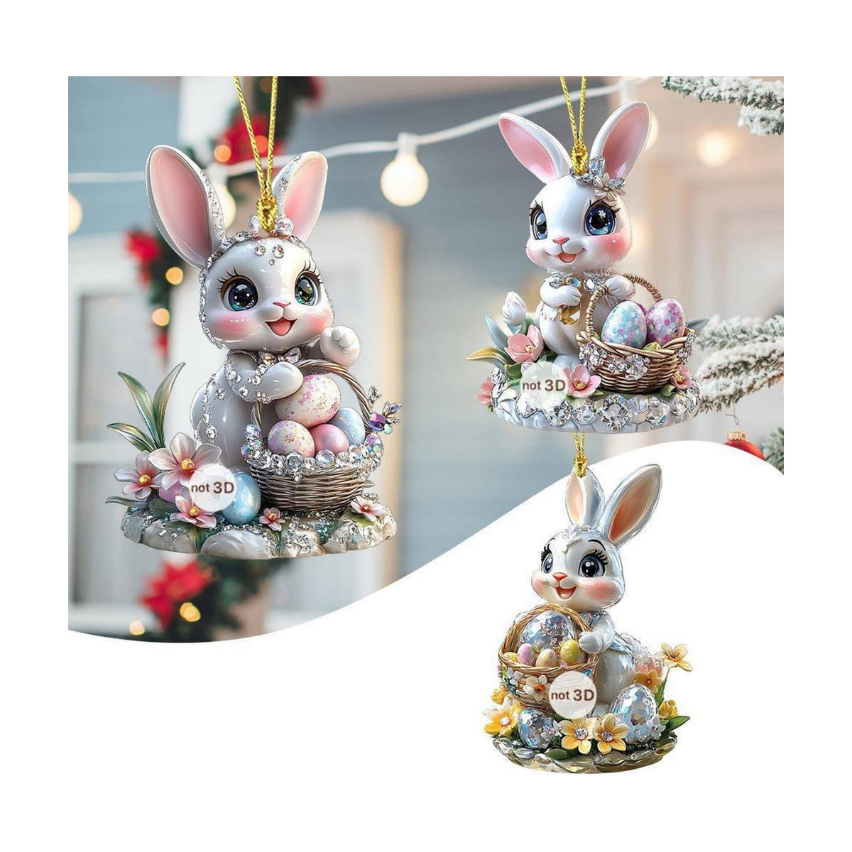 3 Pcs Easter Decorations Acrylic Hanging Ornaments Bunny Flower Garland Designs DIY Crafts Mini Rhinestones Glitter Rabbit Hanging Pendants for Easter Theme Decoration Supplies
