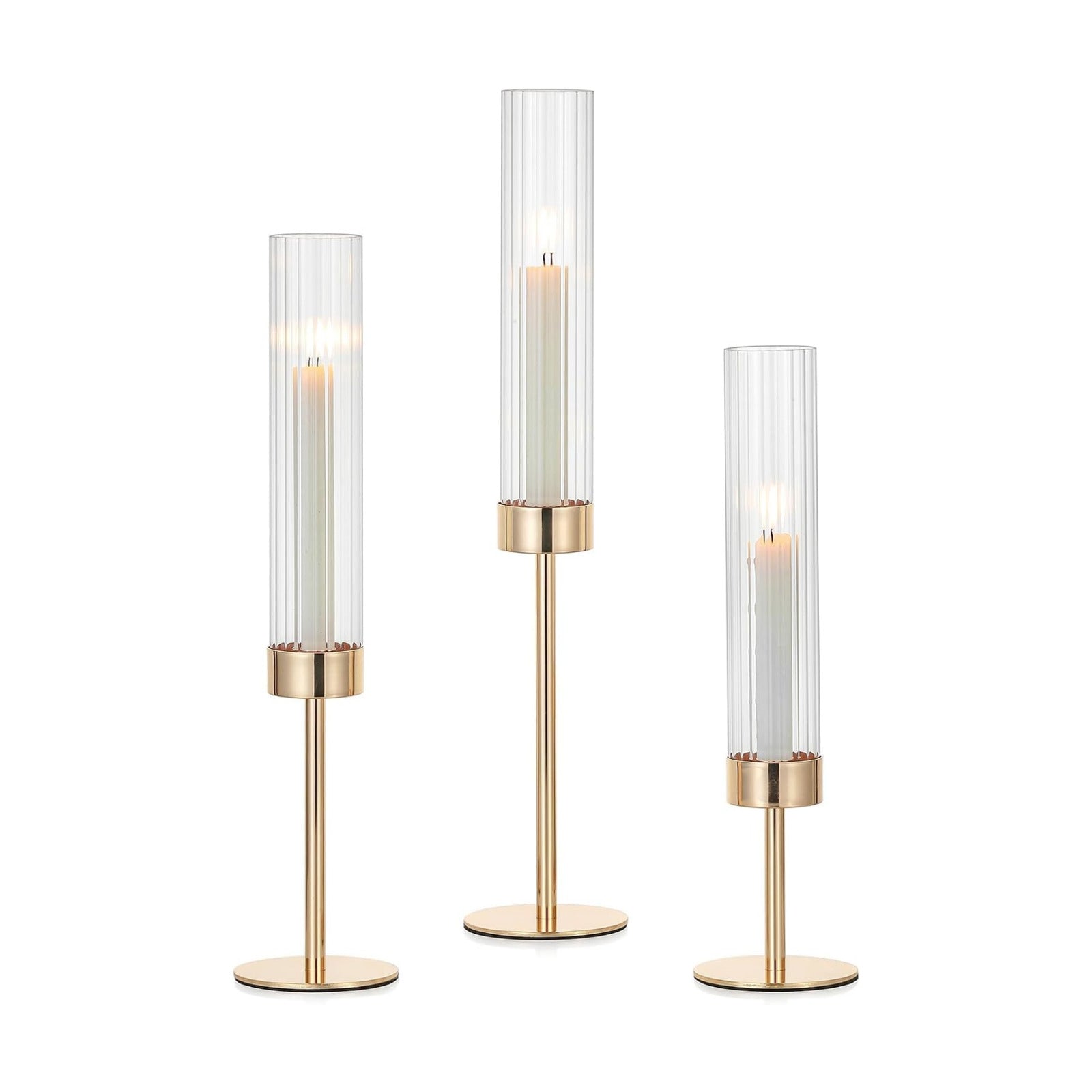 Hewory Gold Taper Candle Holders: Candlestick Holders Set of 3 Hurricane Glass Tall Candle Holder for Candlesticks