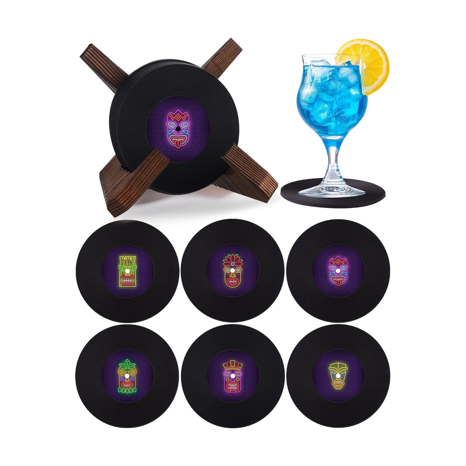 Wood Holder for Drinks / Neon / Set of 6