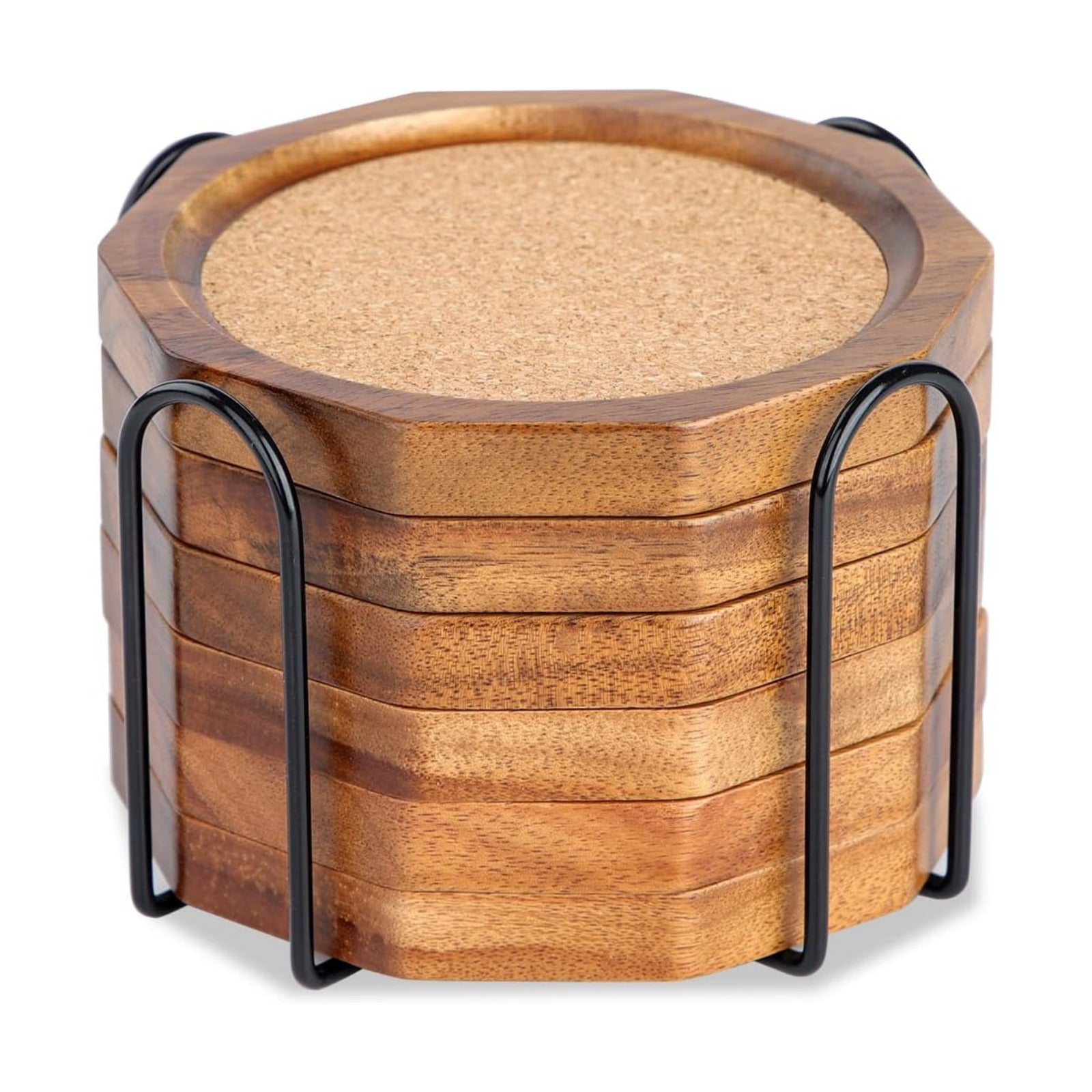 Holder / Decagonal Shape Acacia Wood Coaster Set Drink Coasters / Cork / 4.33 Inch