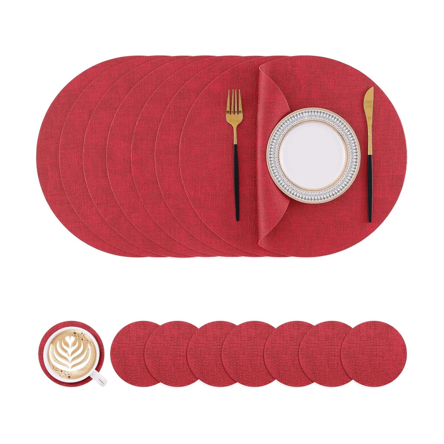 Homaxy Round Faux Leather Placemats and Coasters, Set of 8, Red | Washable Dual-side Table Mats, Wipeable Place Mats