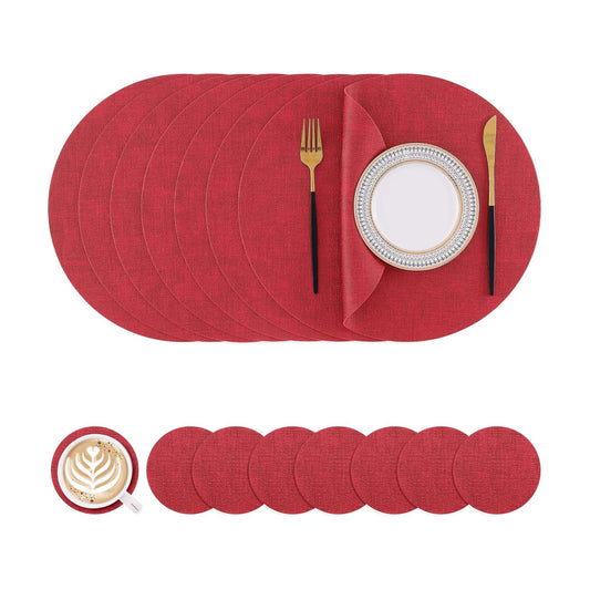Homaxy Round Faux Leather Placemats and Coasters, Set of 8, Red | Washable Dual-side Table Mats, Wipeable Place Mats