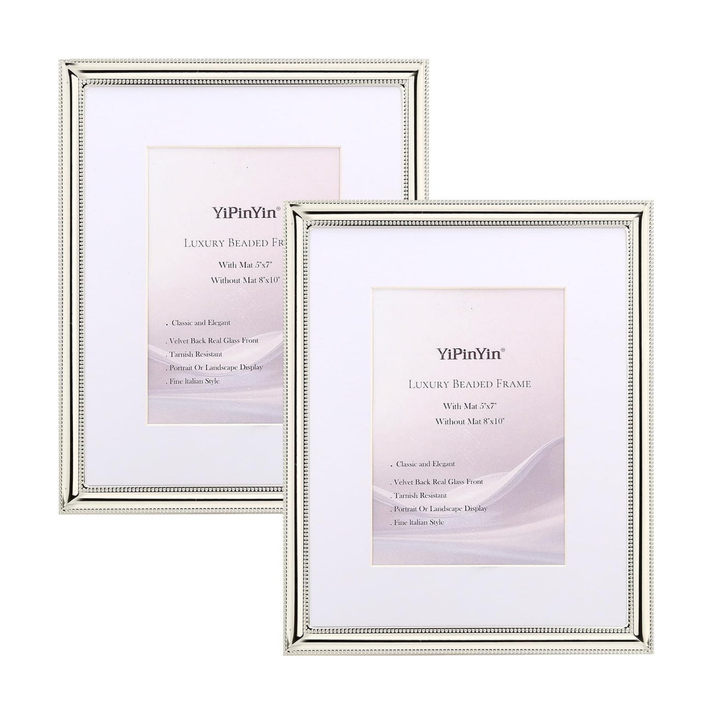 YiPinYin Classy Silver Plated 8x10'' Metal Picture Frame 2 pack,Classic Beaded Frame 8x10'' Mat 5x7'',Real Glass Front