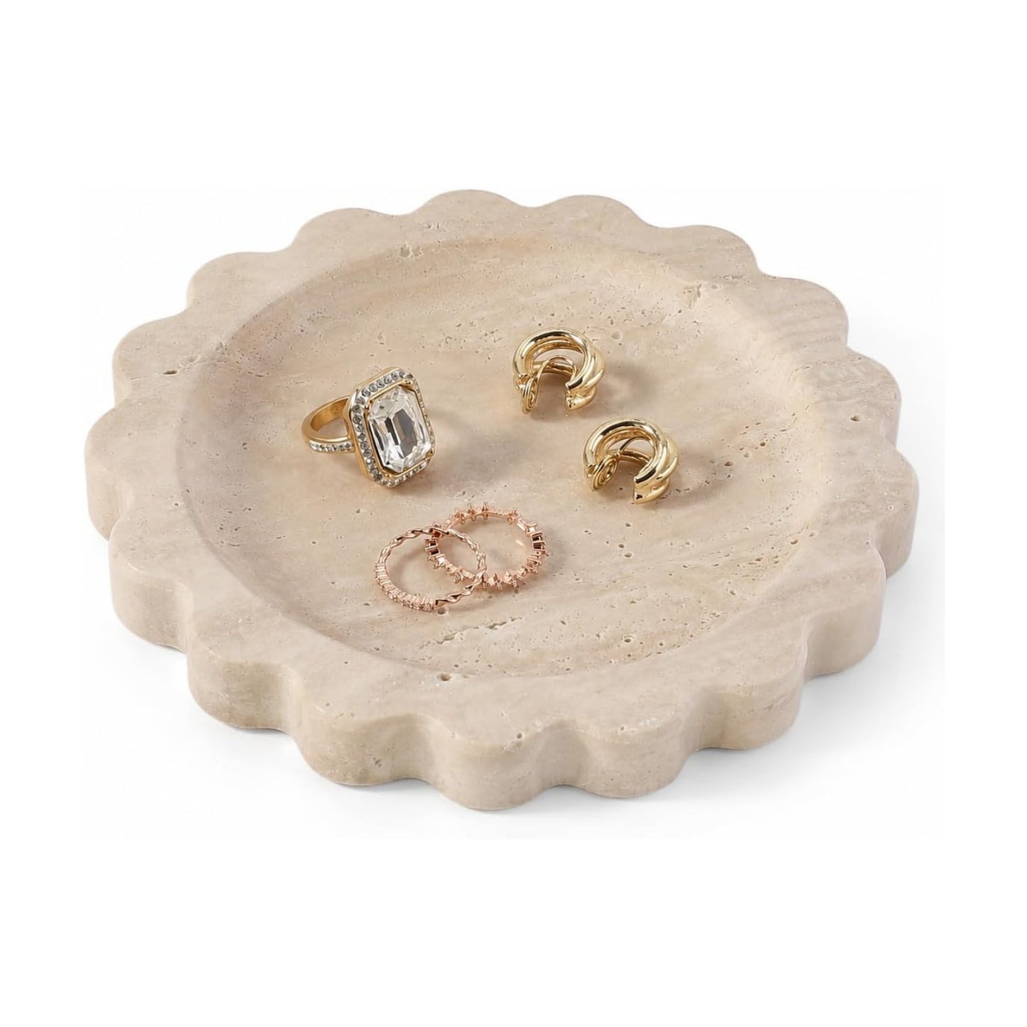 Round Scalloped Decorative Tray / Beige Travertine / D=5.51