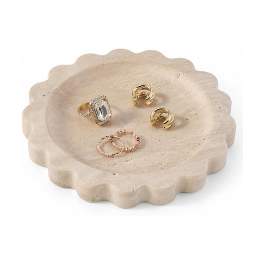 Round Scalloped Decorative Tray / Beige Travertine / D=5.51