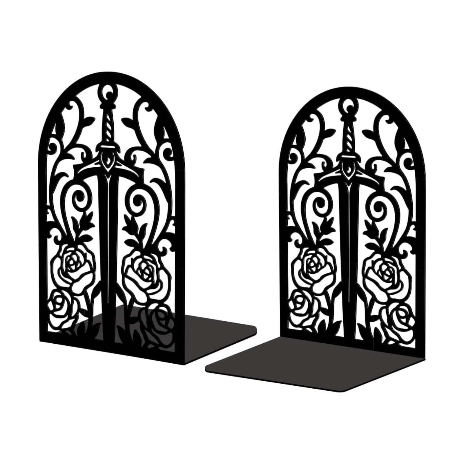 Metal Bookends / Modern Decorative Heavy Duty Study Book Support Stoppers / Sword with Vine and Rose