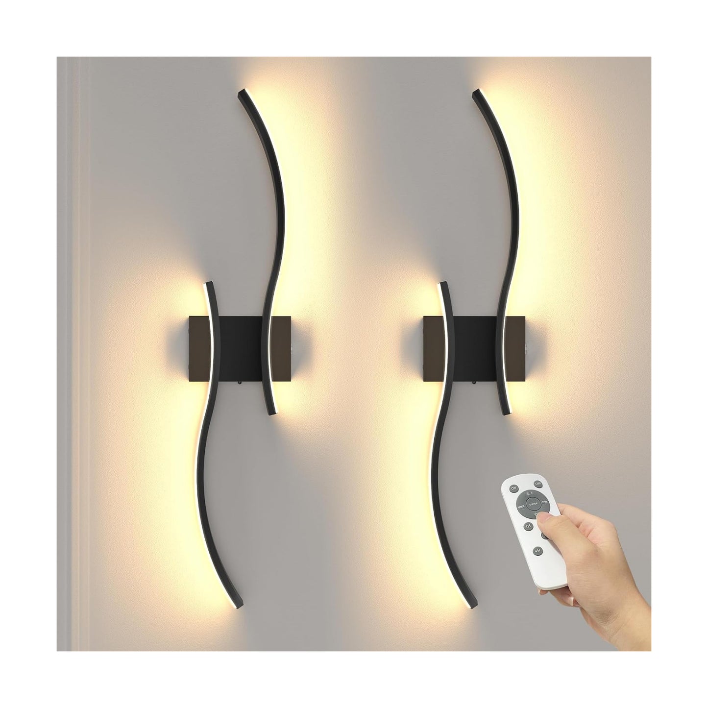27.6 Inch Battery Operated Wall Sconce Set of 2, Black Modern Rechargeable Wall Lights with Remote, 3CCT Dimmable
