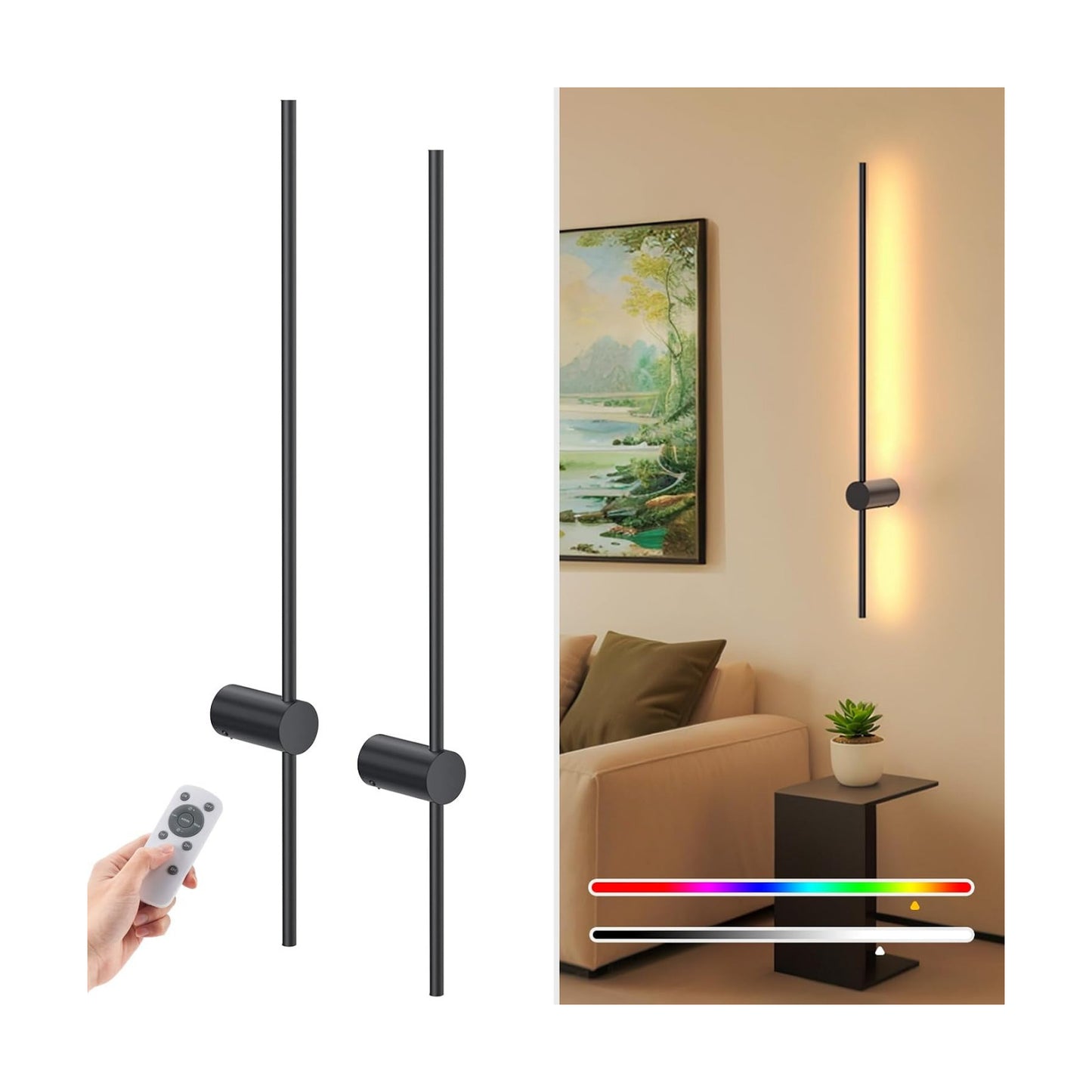 35.4 Inch Battery Operated Wall Sconce Set of 2,Black Minimalist Rechargeable LED Wall Lights with Remote, 10 Colors