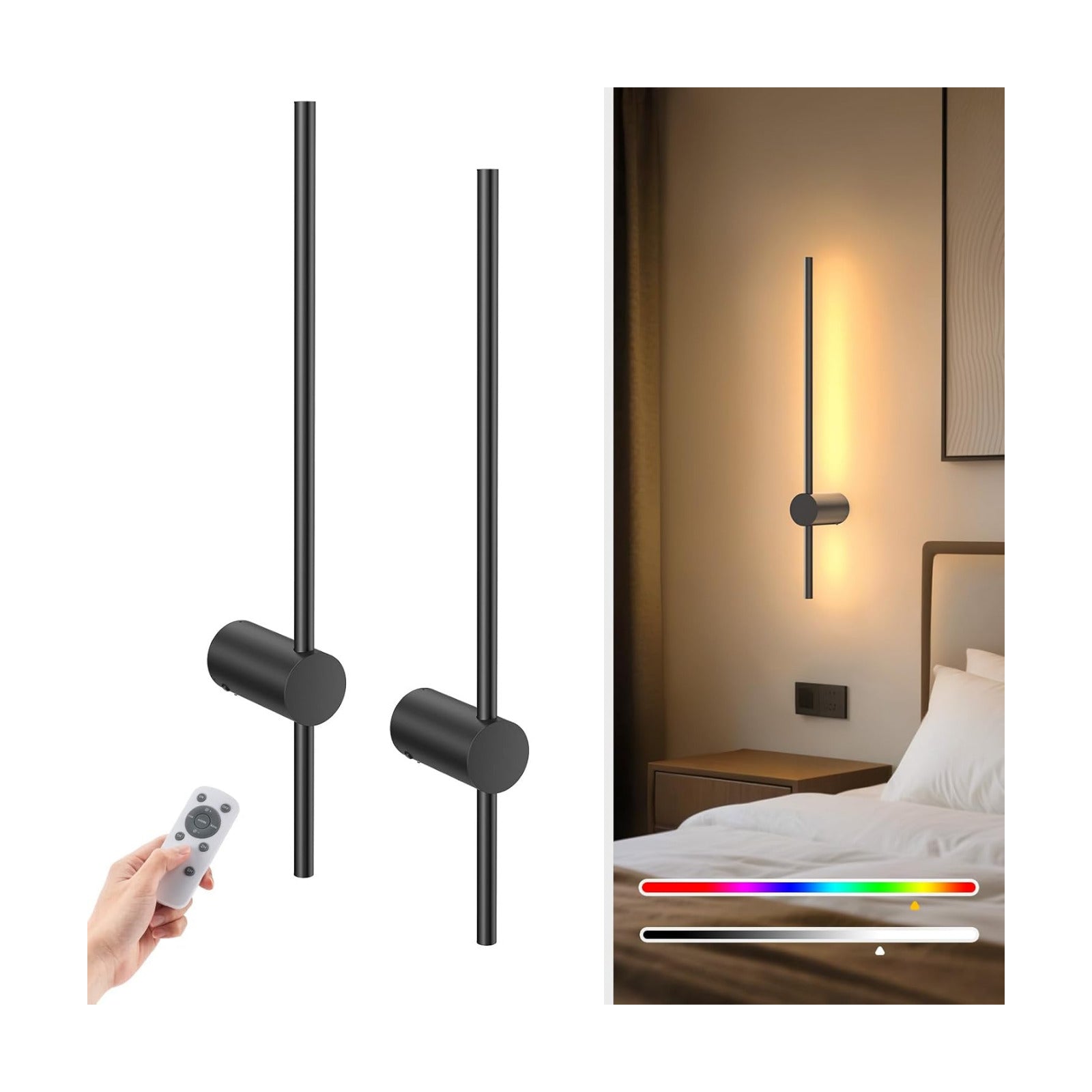 24 Inch Battery Operated Wall Sconce Set of 2,Black Minimalist Rechargeable LED Wall Lights with Remote, 10 Colors