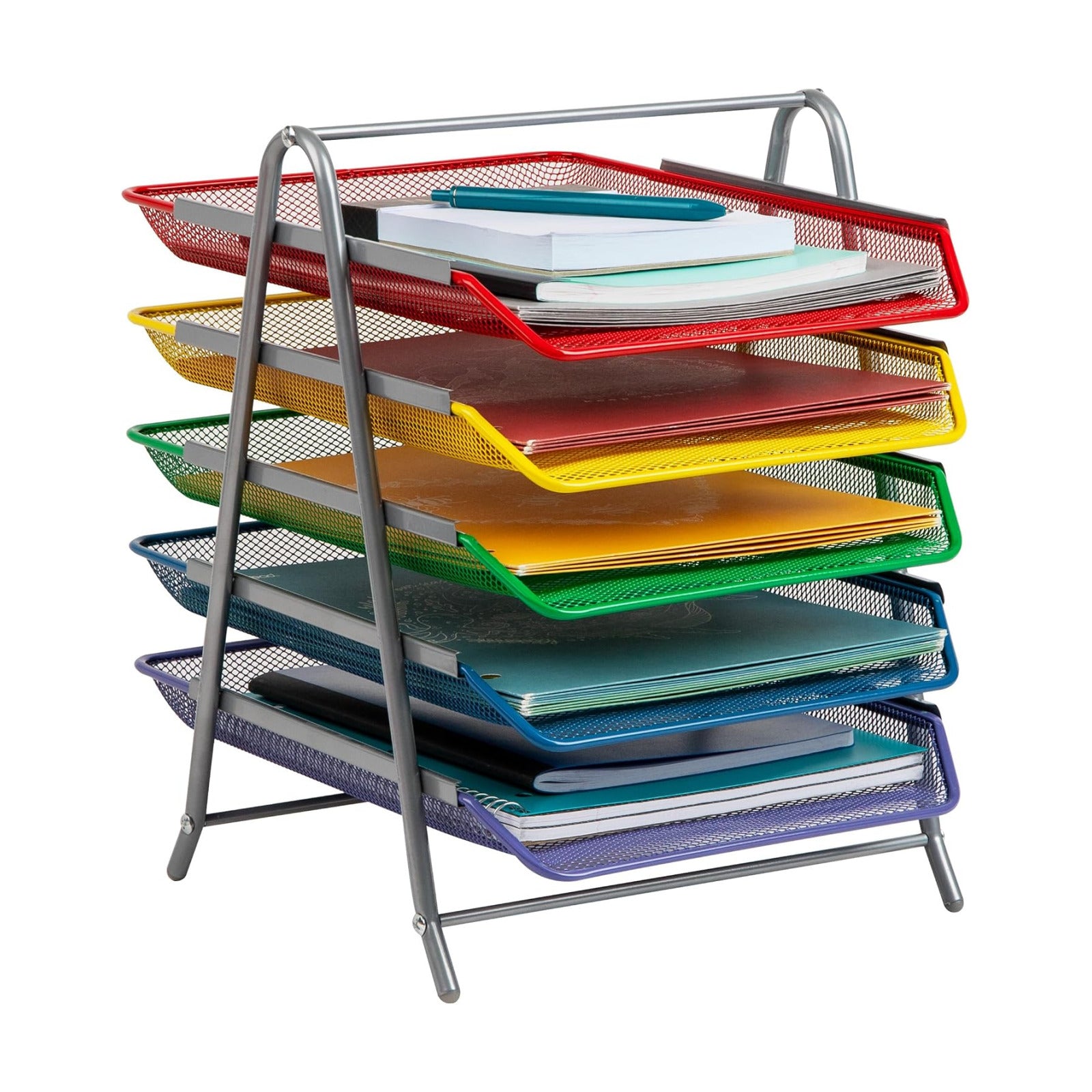Mind Reader 5-Tier Paper Tray Organizer with Multicolor Trays, Classroom File Organizer for Teachers, Metal Mesh