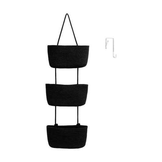 3-Tier Woven Cotton Wall-Mounted Storage Organizer Bag Decorative Hanging Nursery / Black