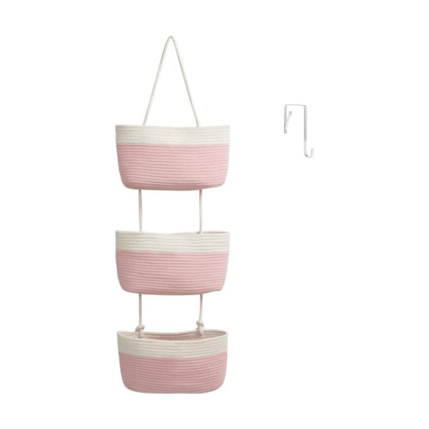 3-Tier Woven Cotton Wall-Mounted Storage Organizer Bag Decorative Hanging Nursery / Pink & White