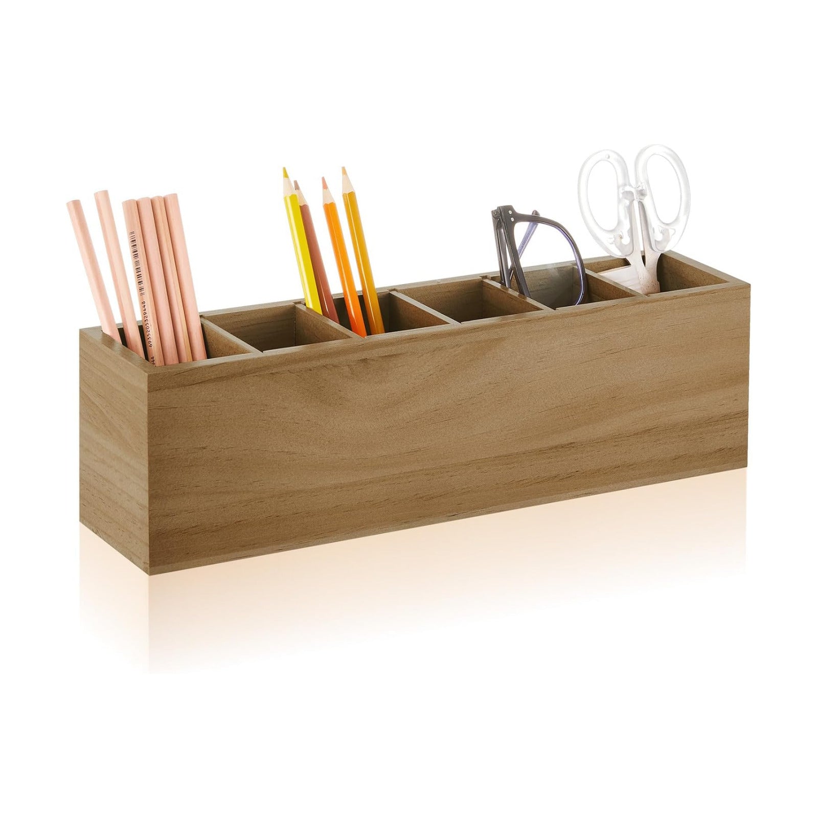 Jetec Wooden Pencil Pen Holder for Desk 6 Compartments Cosmetic Makeup Brush Stationery Office Desktop Organizers for