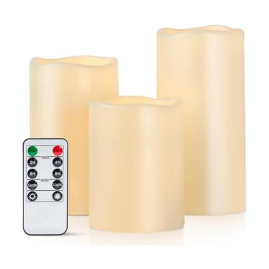 Amagic Outdoor Waterproof Flameless Candles with Timer, Battery Operated Candles with Remote Control, D3 x H4 5" 6" Electric LED Pillar Candle for Outside Patio, Garden, Indoor Decor, Ivory, Set of 3