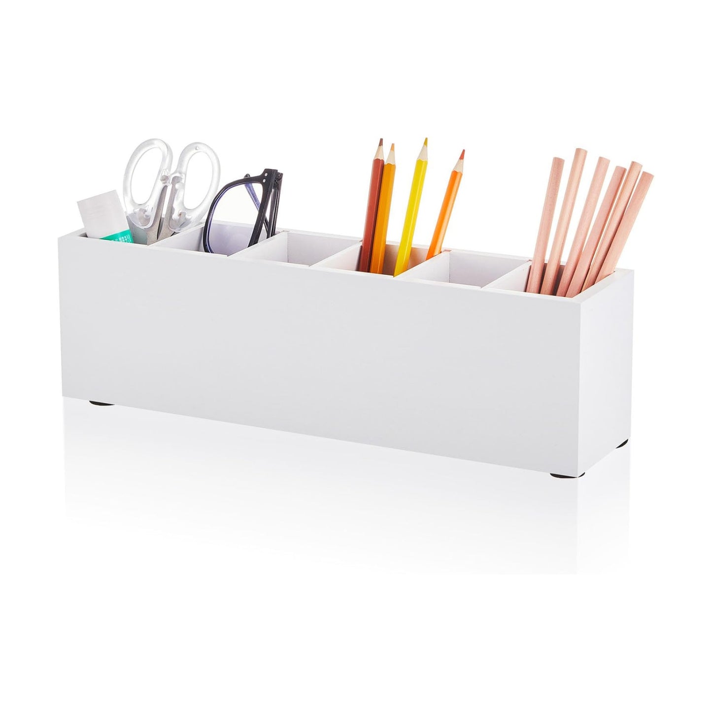 Jetec Wooden Pencil Pen Holder for Desk 6 Compartments Cosmetic Makeup Brush Stationery Office Desktop Organizers for