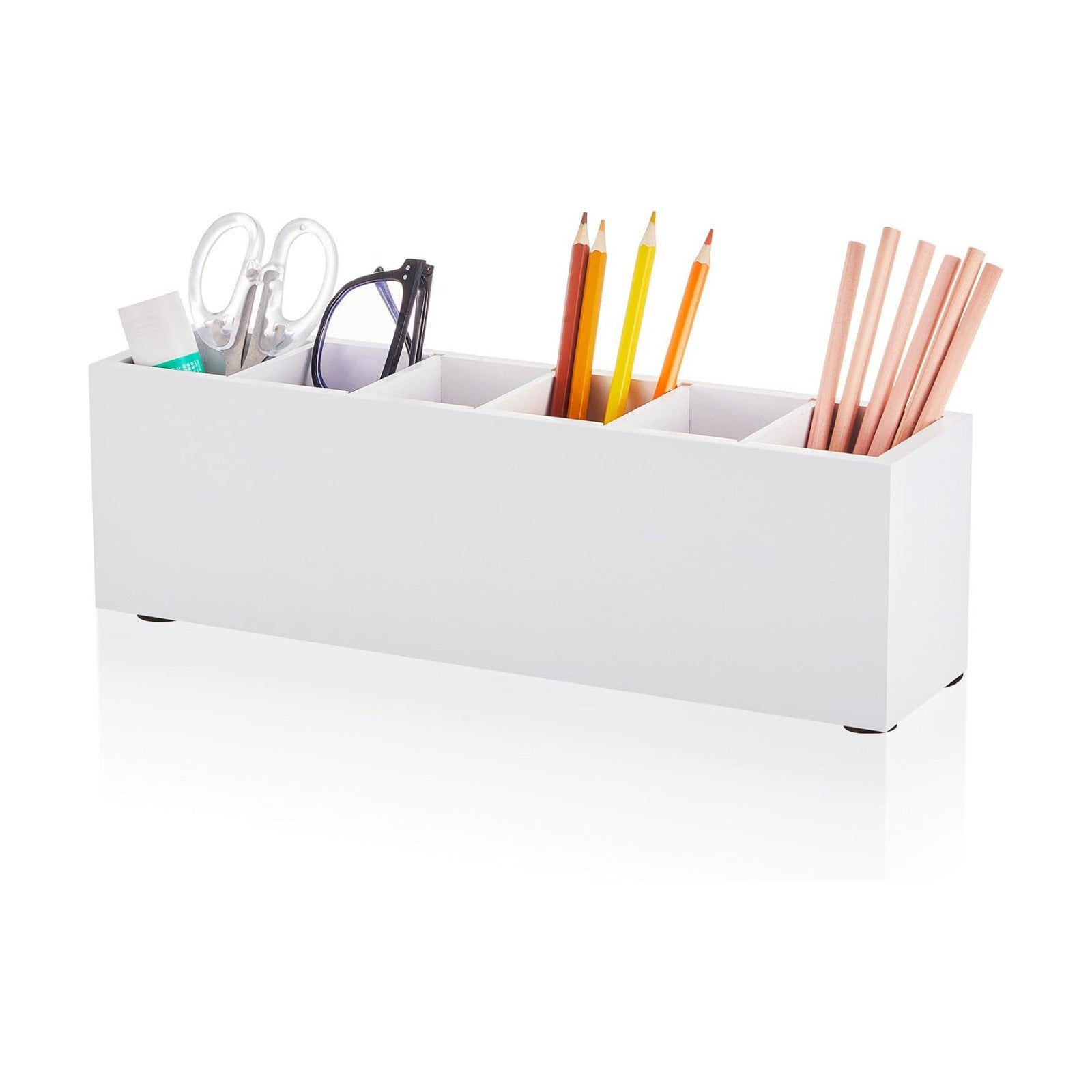 Jetec Wooden Pencil Pen Holder for Desk 6 Compartments Cosmetic Makeup Brush Stationery Office Desktop Organizers for