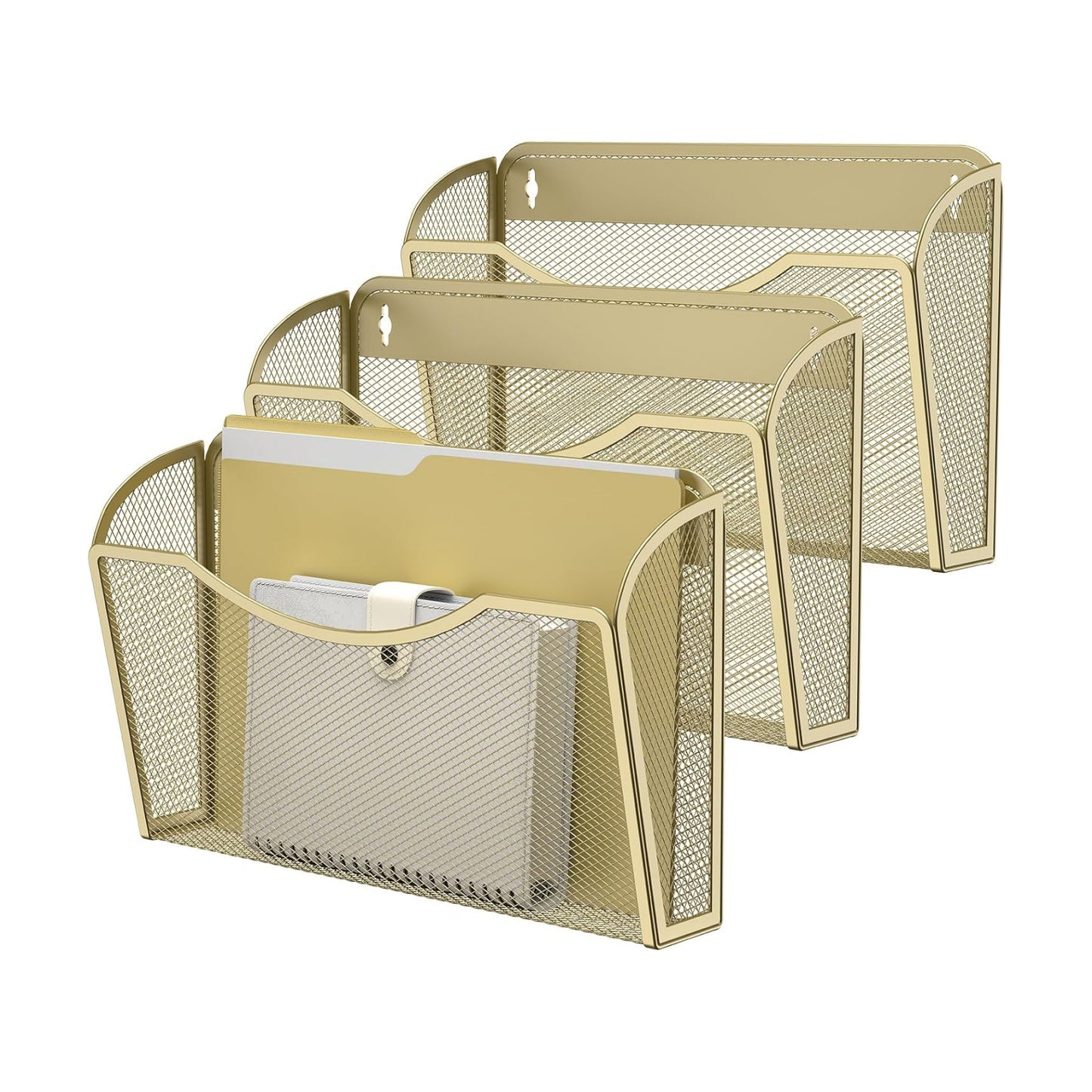 MINDEPOT Wall File Organizer, Hanging Wall File Holder, 3 Pack, Gold | Heavy Duty Iron, Metal Mesh Wall Mount, Single