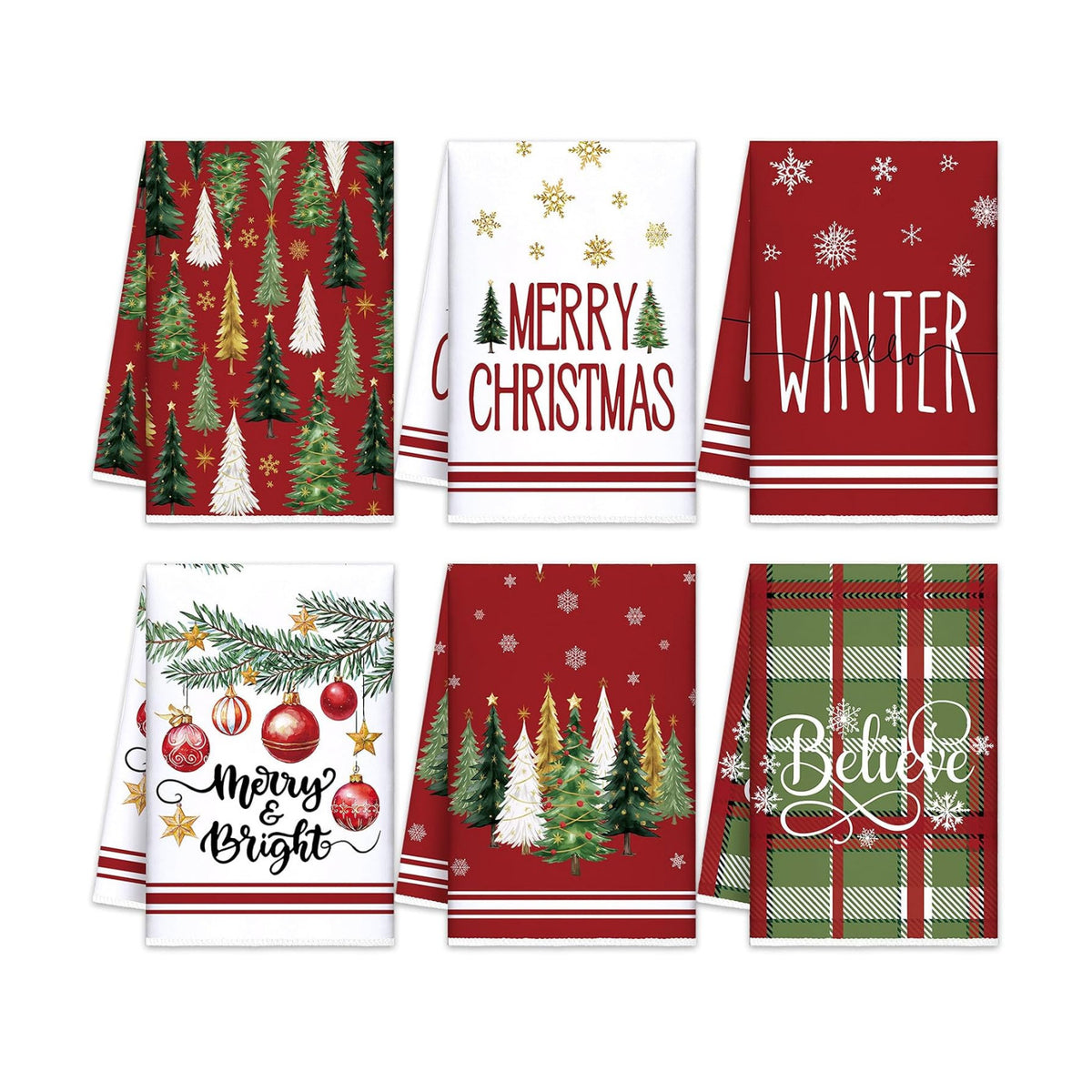 Oudain 6 Pcs Christmas Kitchen Towels Red Green Xmas Tree Tea Dishtowels Decorative Plaid Bathroom Hand Towel Farmhouse Red Green Christmas Decorations for Kitchen Bath Housewarming Home Gifts