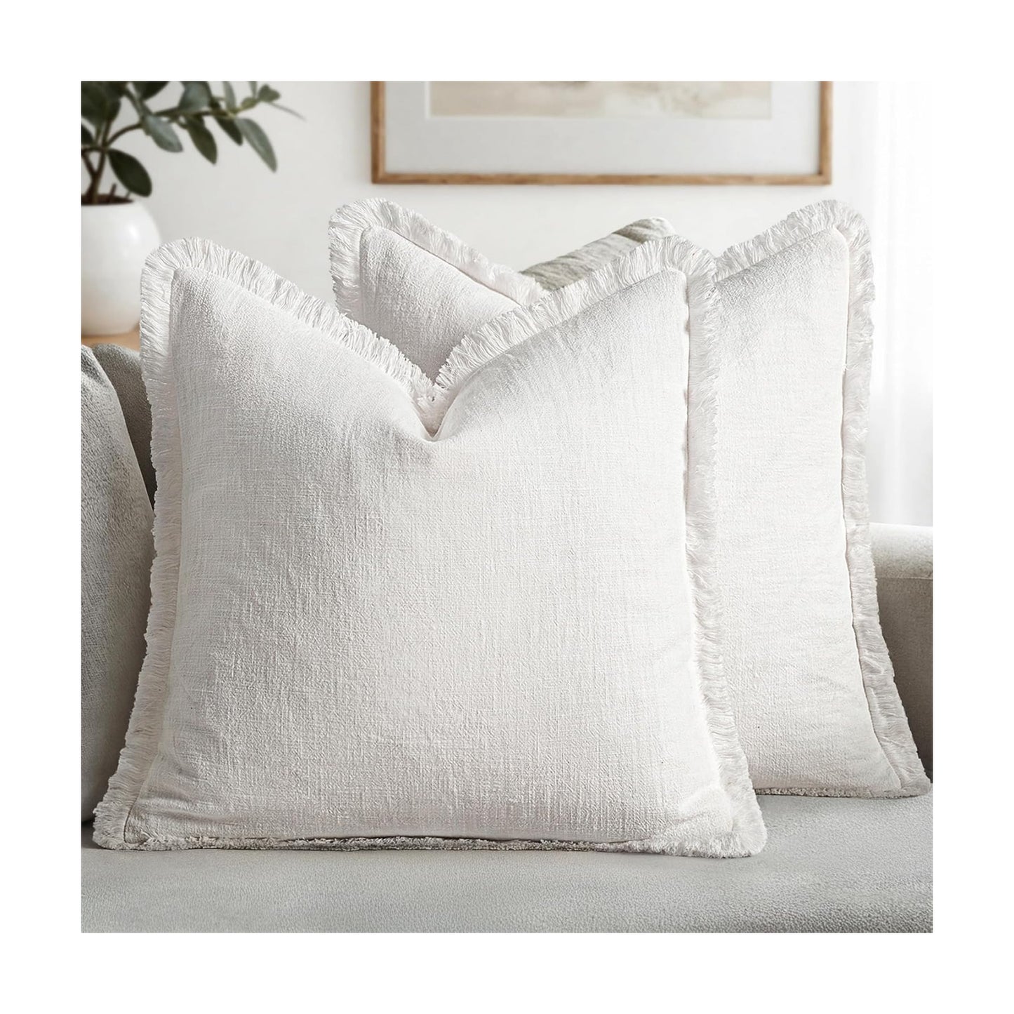 MIULEE Boho Linen Fringe Decorative Throw Pillow Covers White 18x18