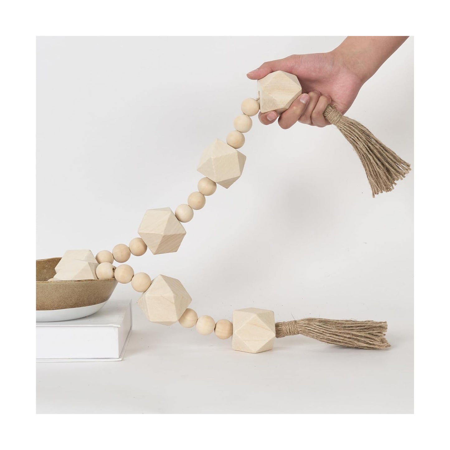 Extra Large Wood Bead Garland / 6 Nature Beige Octagon / 42 Inches