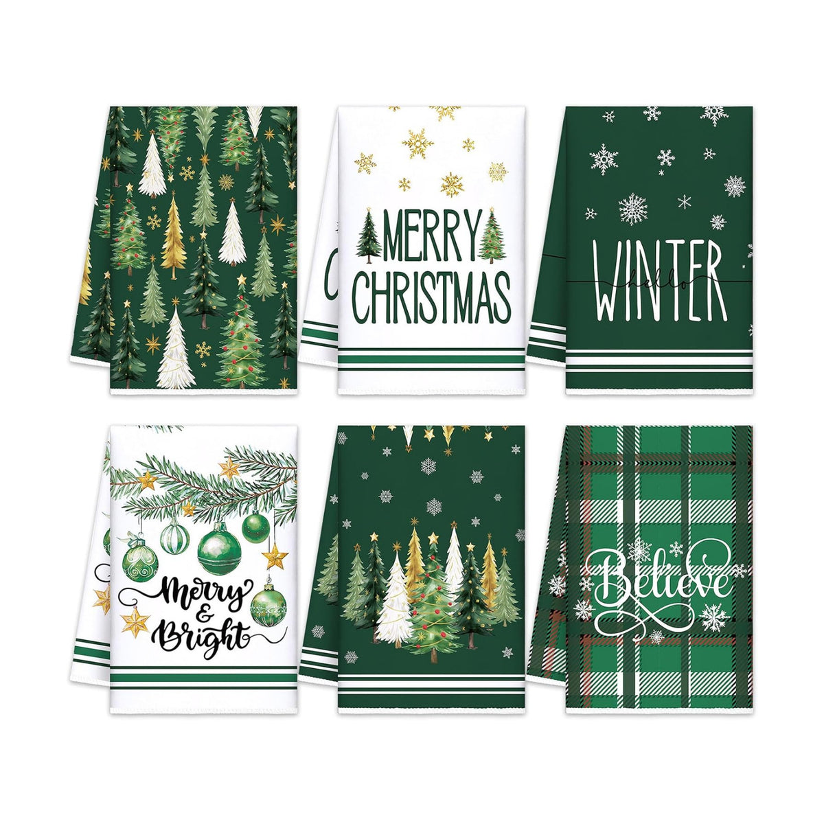 Oudain 6 Pcs Christmas Kitchen Towels Green Plaid Xmas Tree Tea Dishtowels Decorative Winter Bathroom Hand Towels Farmhouse Green Christmas Decorations for Kitchen Bath Home Housewarming Gifts