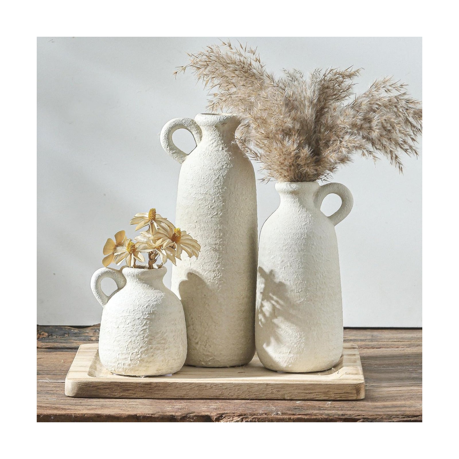 Ceramic Vase / 010 Vase Set with Handle - White / Set of 3