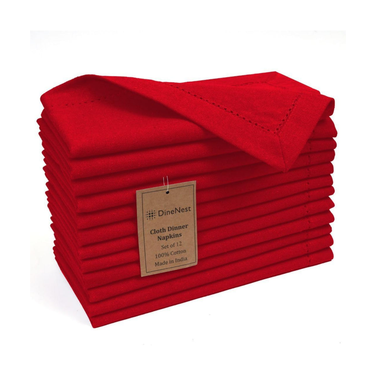 Hemstitch Cloth Dinner Napkins 100% Cotton Set of 12 - for Dining Special Occasions Weddings Parties Holidays Easter - Soft Durable Reusable - Elegant 18x18 Inch Table Cloth Napkins Red