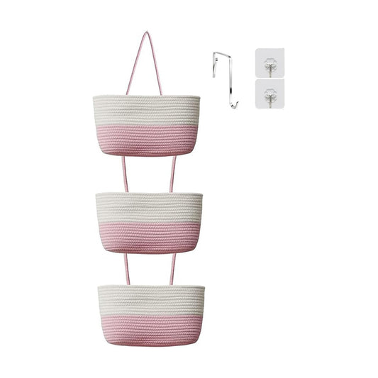 Woven Cotton Hanging Baskets for Organizing Decor 3-Tier Over the Door Wall-Mounted / White+pink