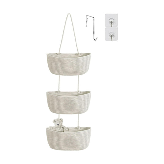 Woven Cotton Hanging Baskets for Organizing Decor 3-Tier Over the Door Wall-Mounted Storage / White