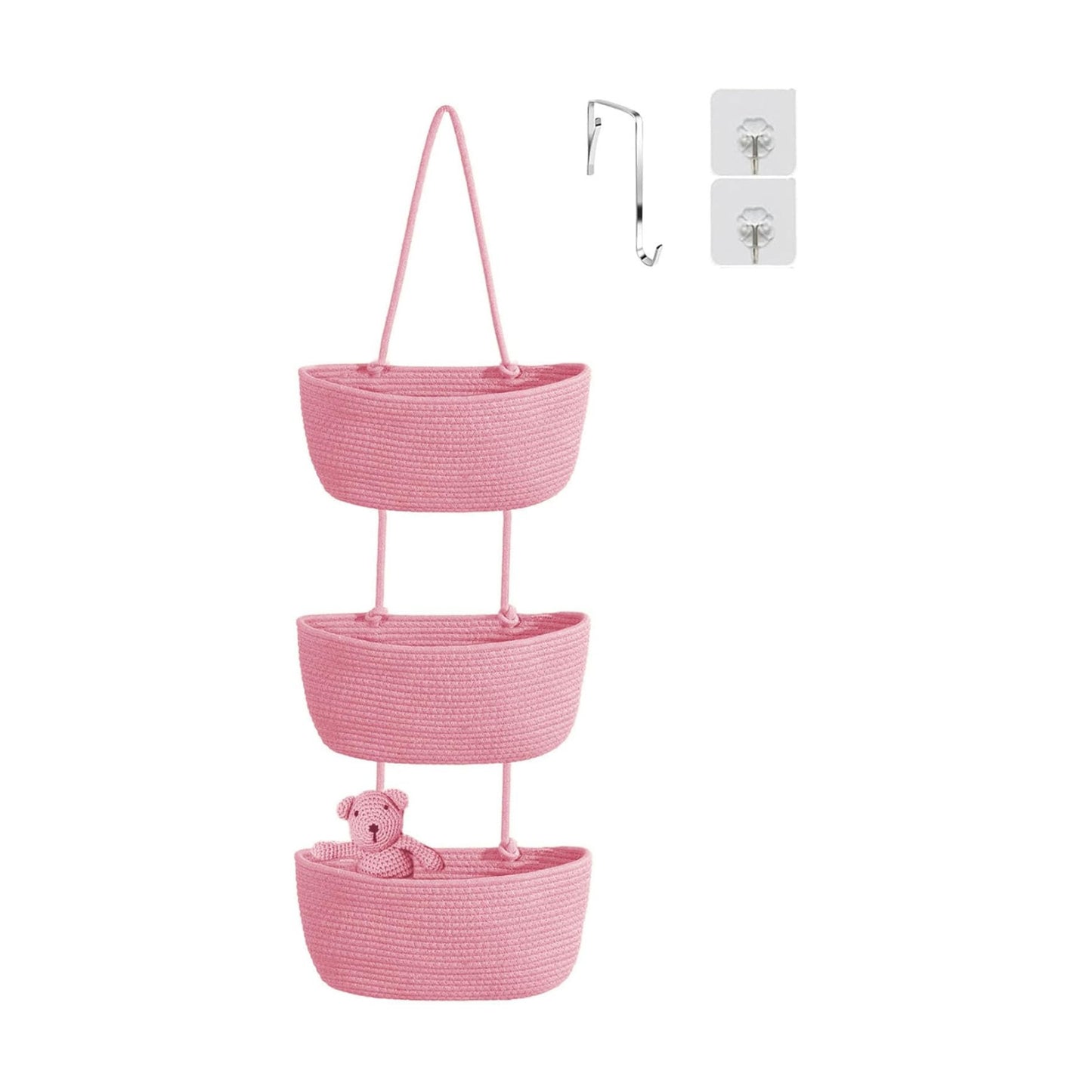 Woven Cotton Hanging Baskets for Organizing Decor 3-Tier Over the Door Wall-Mounted Storage / Pink