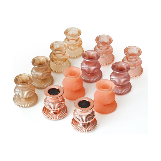 WDHODEC Pink Gold Candlestick Holders 12PCS Glass Taper Candle Holders for Table Centerpiece Colorful Candle Sticks for Spring Wedding, Party and Festival Decoration