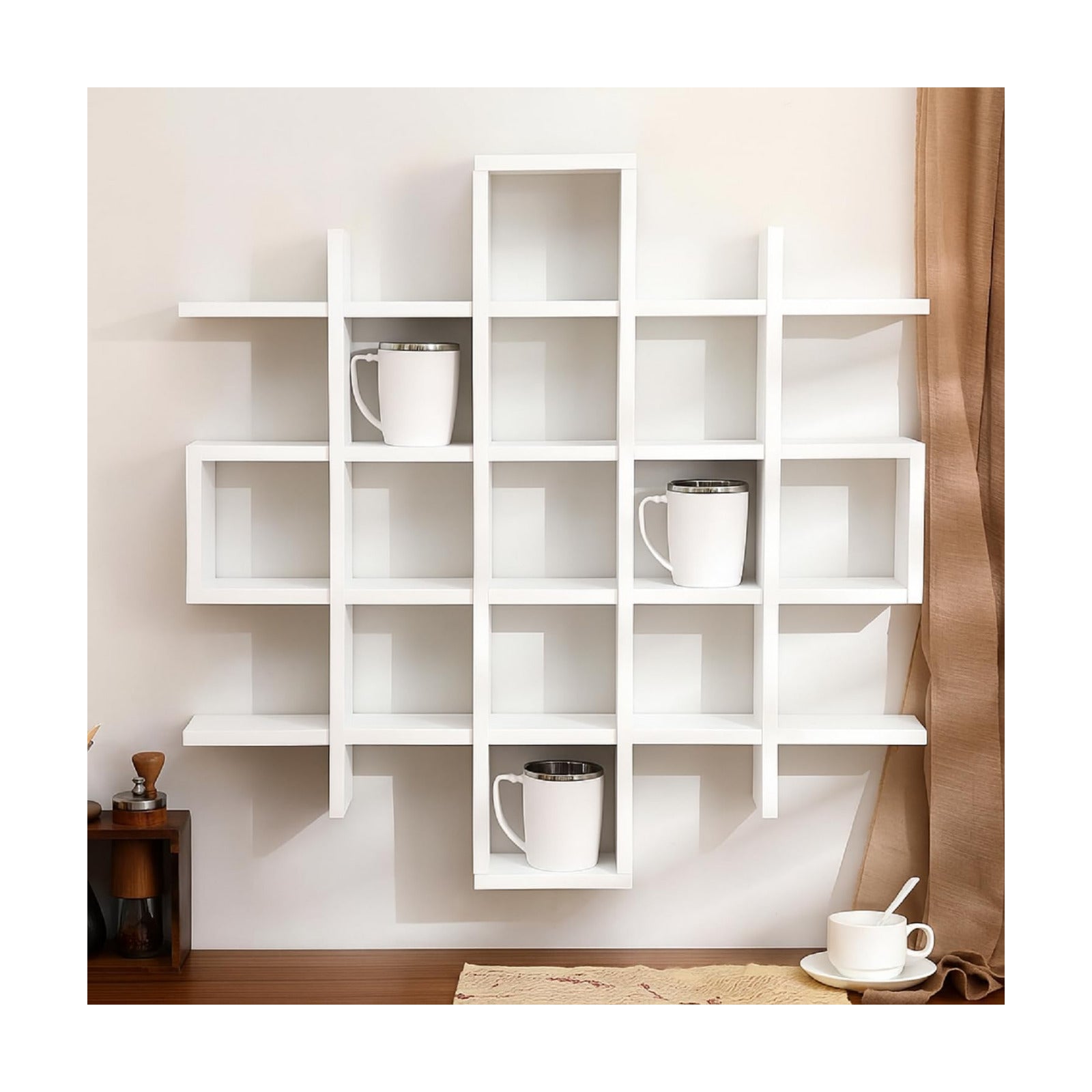 Suzile Mug Display Shelf Wall Mounted,Grid Size 5.1x5.1x3in,White | Rustic Wood Floating Shadow Box for Coffee Mugs