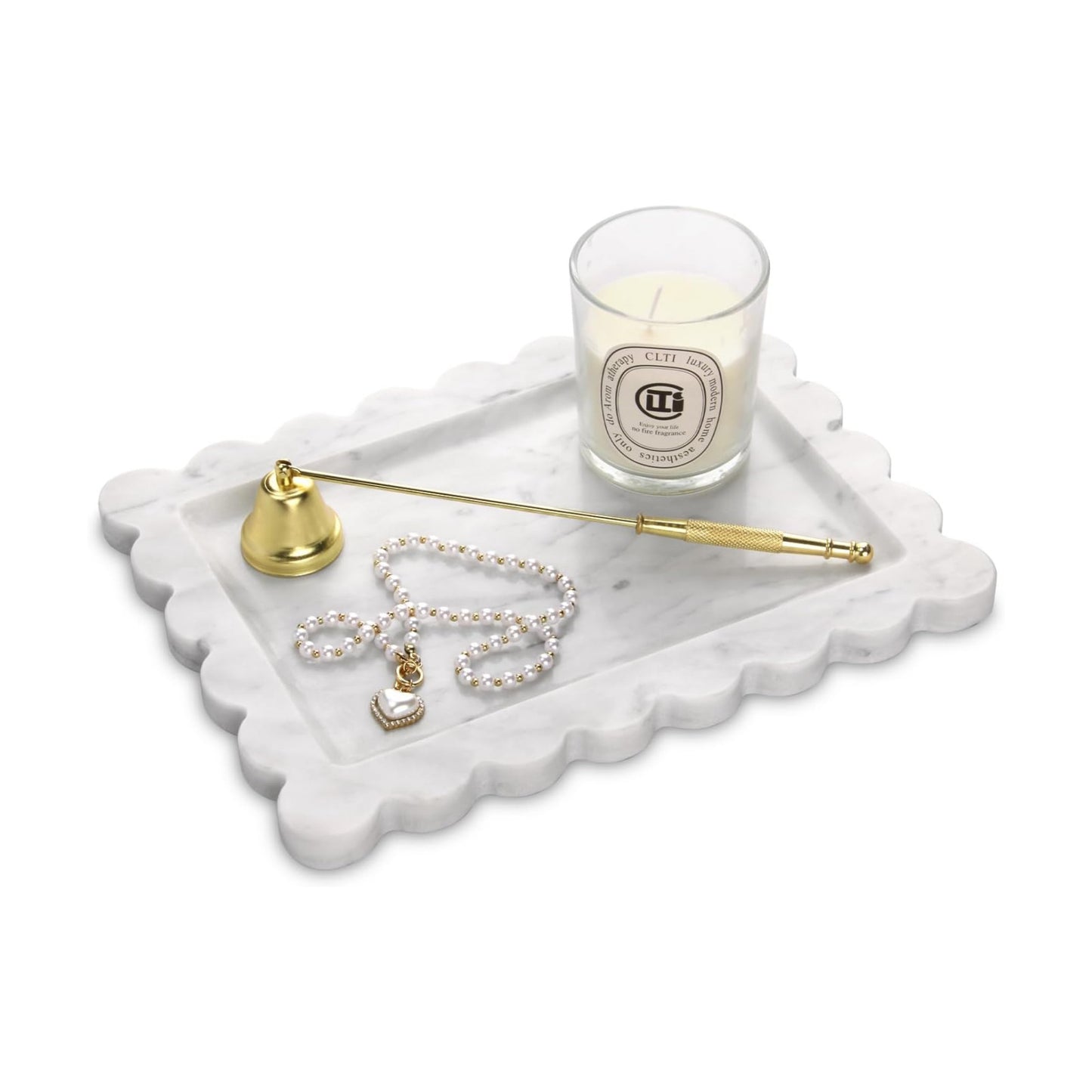 Scalloped Marble Decorative Tray / Carrara White / 10.8 x 8 x 1.2