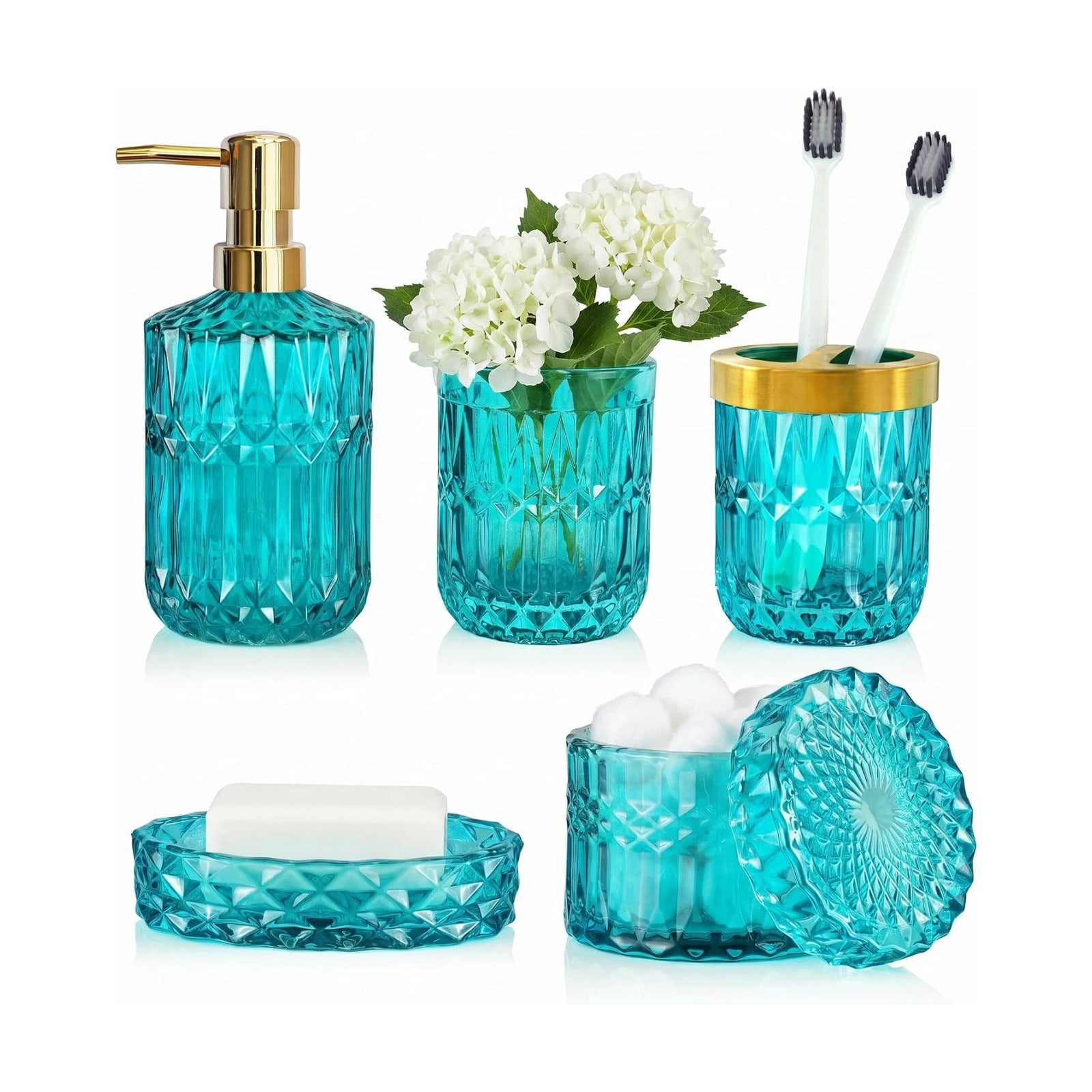 LaMarriti Teal Blue Bathroom Accessories Set, 5Pcs Glass Bathroom Set | Bathroom Soap Dispenser and Toothbrush Holder