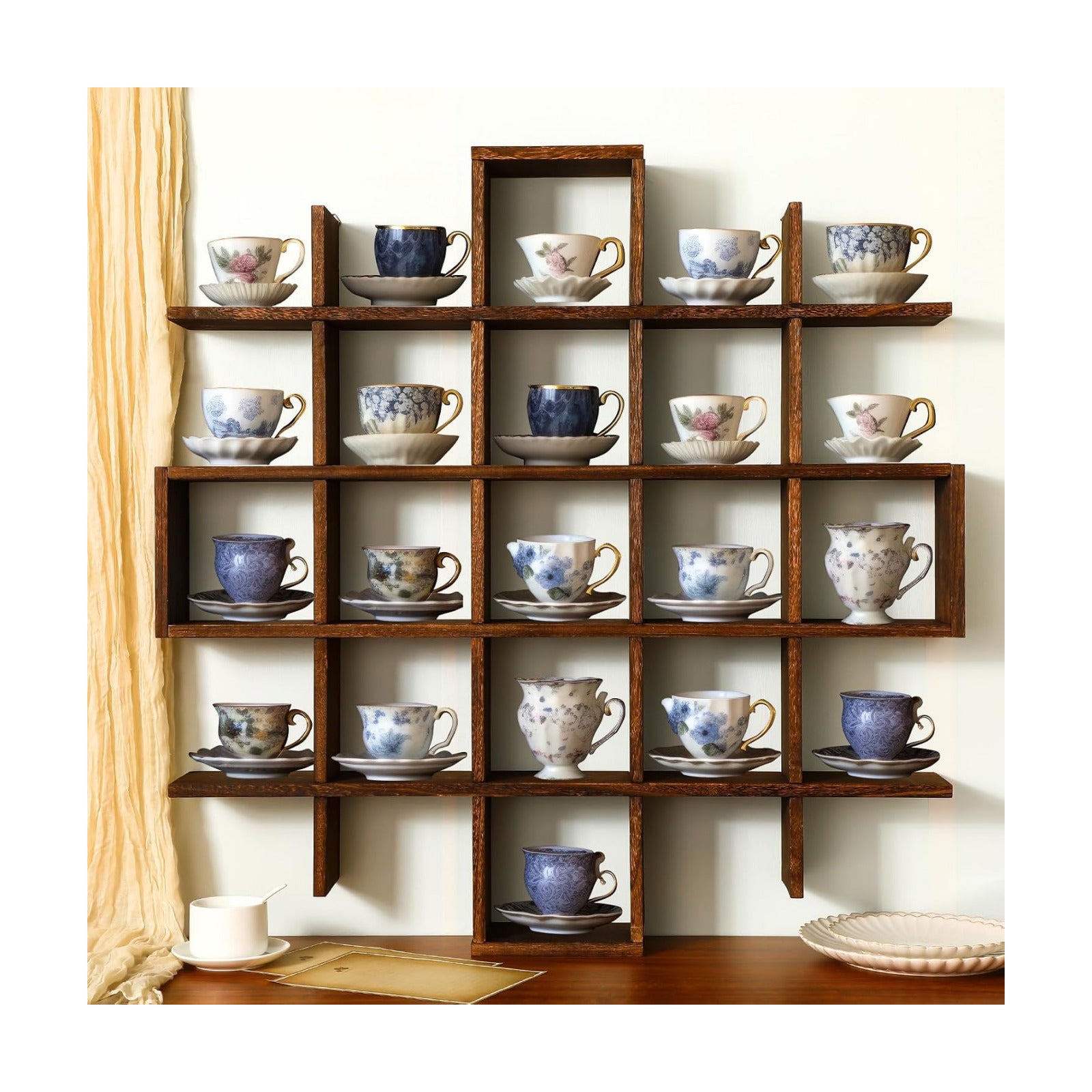 Suzile 5x5 Wall Shelf for Tea Cups Saucers, Rustic Wood Rack,Brown | Floating Curio Display with Coffee Mugs, Wall