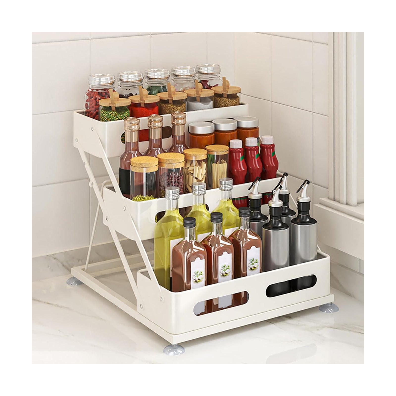 Ceetug 3 Tier Foldable Spice Rack, White | Iron, For Countertop, Kitchen Seasoning Organizer, For Cabinet
