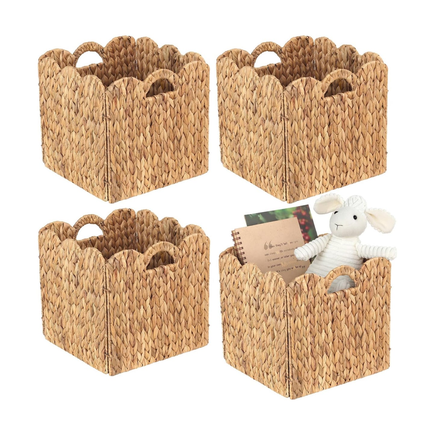 Foldable Scalloped Water Hyacinth Storage Cubes Basket / Natural Color / 12 x 12 x 12 / Set of 4