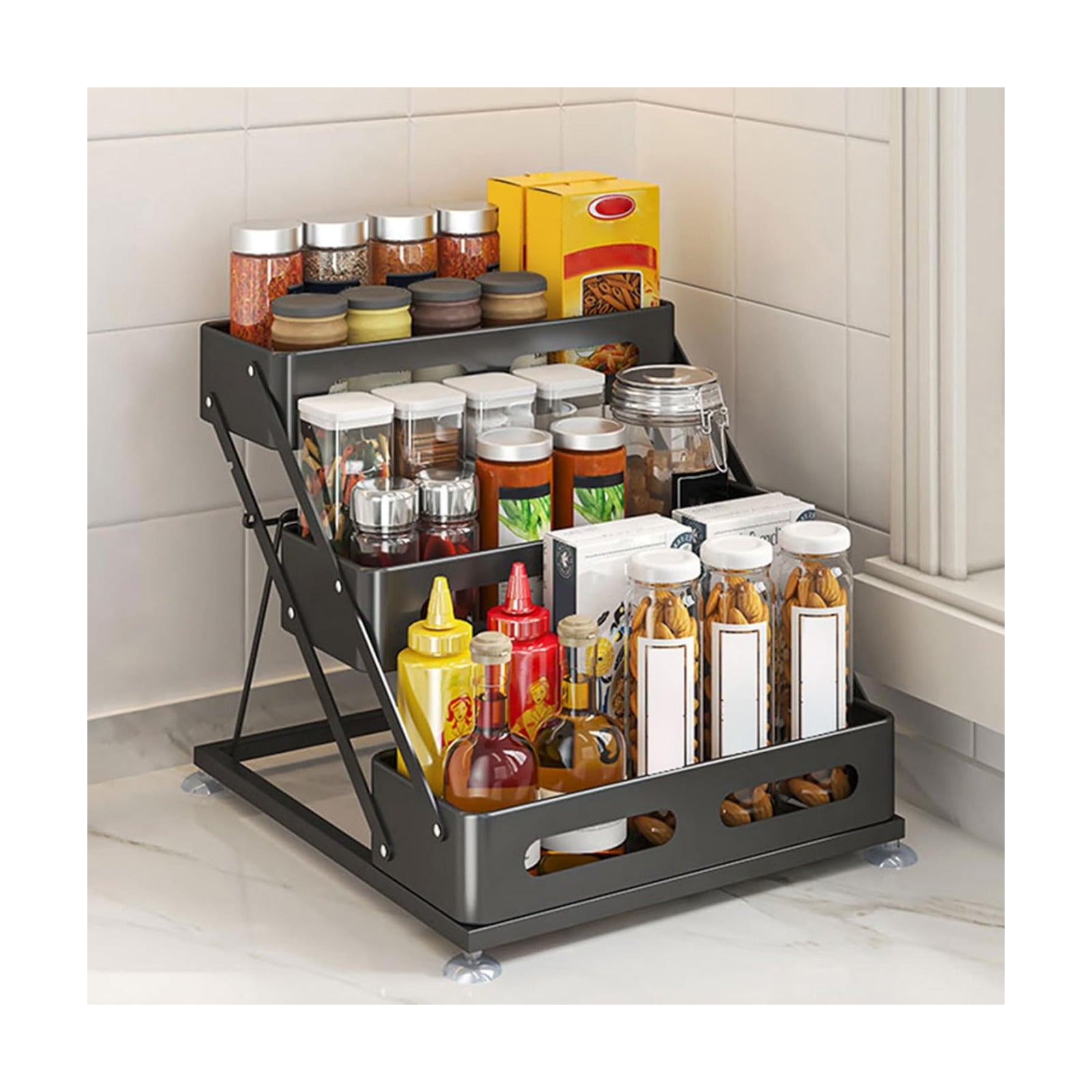 Ceetug 3 Tier Foldable Spice Rack, Black | Iron, For Countertop, Kitchen Seasoning Organizer, For Cabinet