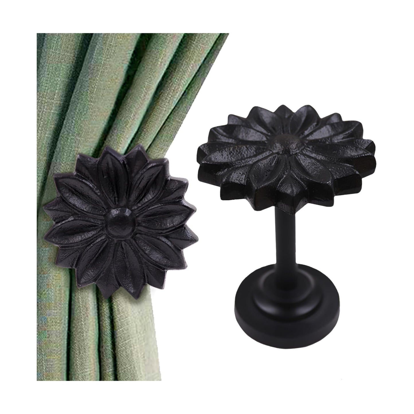 The Metal Magician Wall Mounted Floral Curtain Holdbacks (Pack of 4) - Boho Flowery Curtain Holders for Living Room