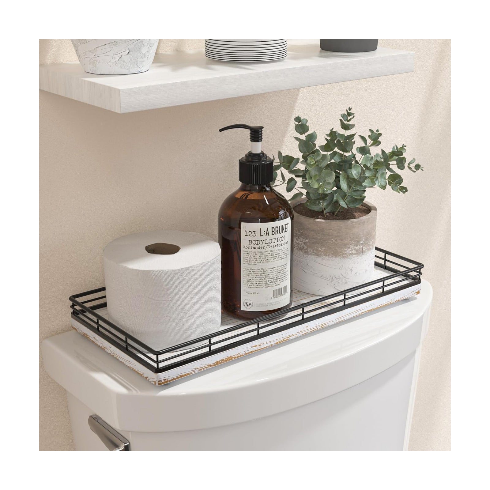 13" Wood Toilet Paper Storage Basket Tray Back of Toilet / Black & Farmhouse White / 13 x 6.5 x 1.5