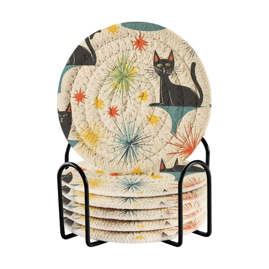 Holder / 1950s Mid Century Modern Atomic Cats Pattern Round Cup Mat / Multi 3 / Black / Set of 6